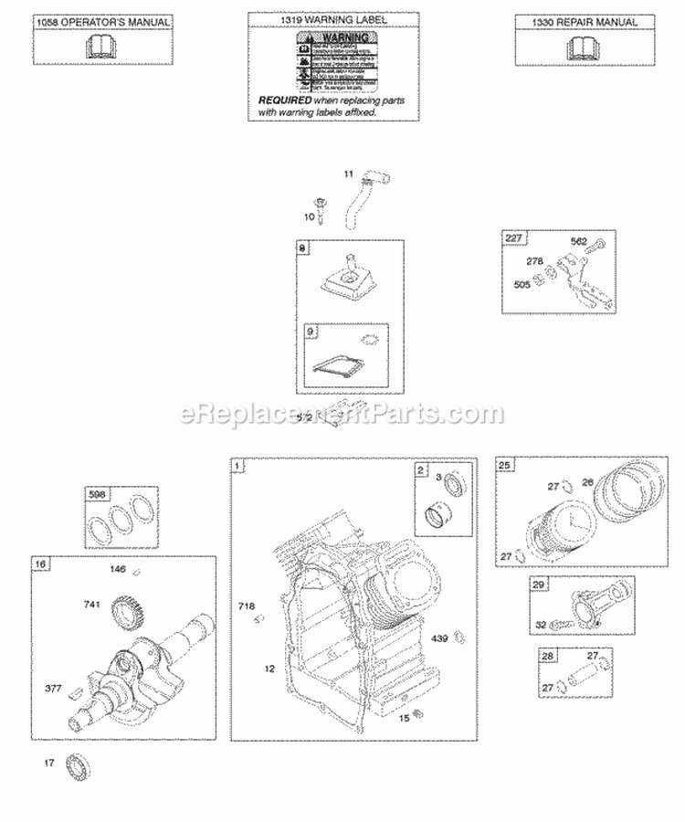 Camshaft Crankshaft Cylinder PistonRingsConnecting Rod Diagram and Parts List for  Briggs and Stratton Engine